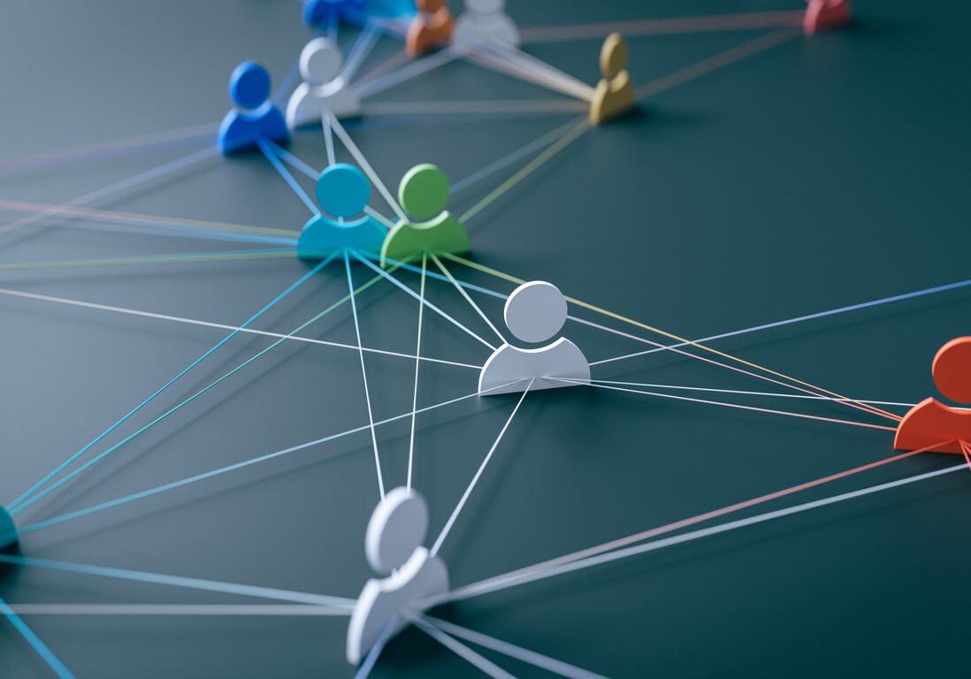 A concept that expresses the hyper-connected society of modern society by connecting people icons with lines, 3d rendering.